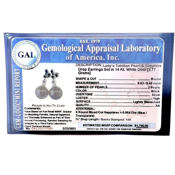 Tahitian Pearl & Sapphire Earrings 14k Gold 9.46 mm Certified $1,790 111301 - Picture 12 of 12